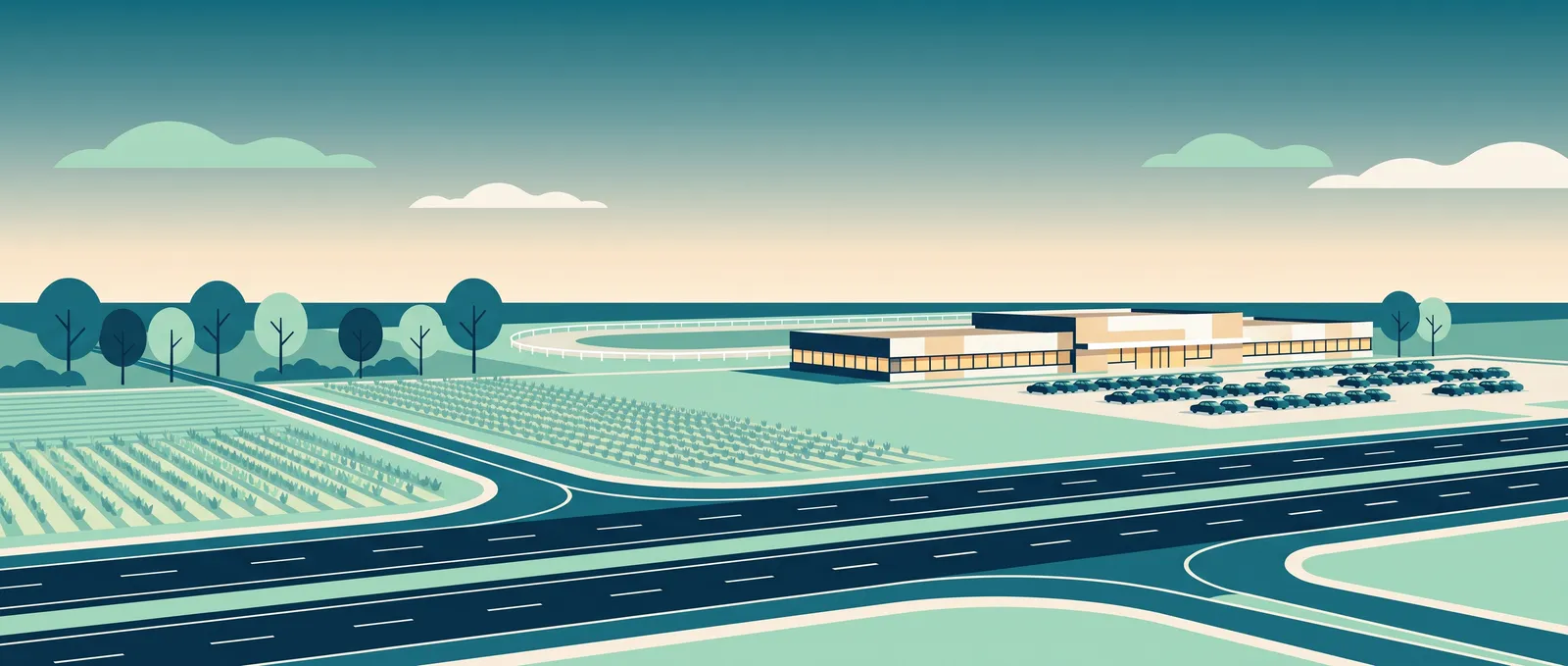 Generated flat illustration: a highway exit curving onto a country road between farm fields, with a long low building, a parking lot and a white-railed oval track beyond under an evening sky.