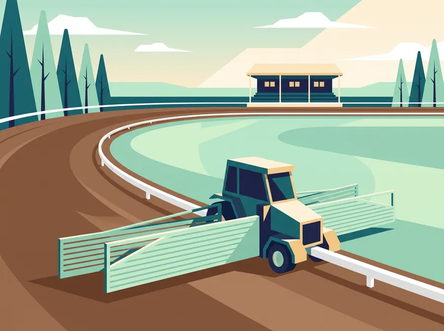 Generated flat illustration: an empty dirt harness racing oval with a white rail, a starting-gate car and a small grandstand.